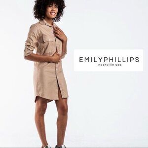 Emily Phillips 6 Shirtdress Tan Top Dress Small Button Down Up Long Sleeve Mini
